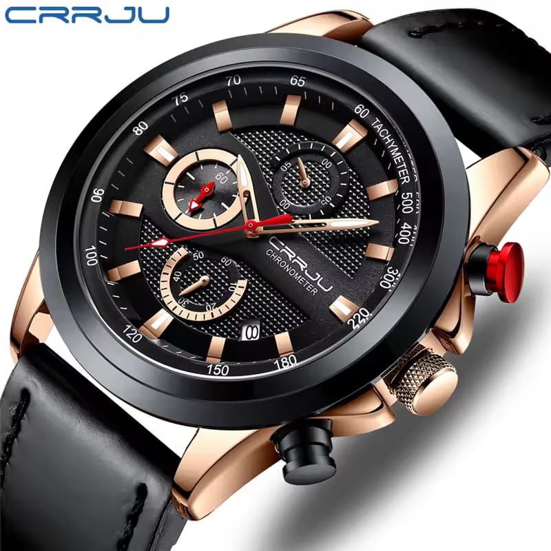 Crrju 2282 Stainless Steel Leather Strap Mens New Luxury Business Luminous Chronograph Date Quartz Watch