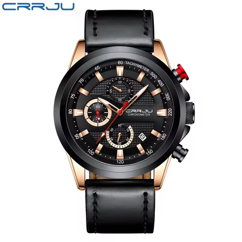 Crrju 2282 Stainless Steel Leather Strap Mens New Luxury Business Luminous Chronograph Date Quartz Watch