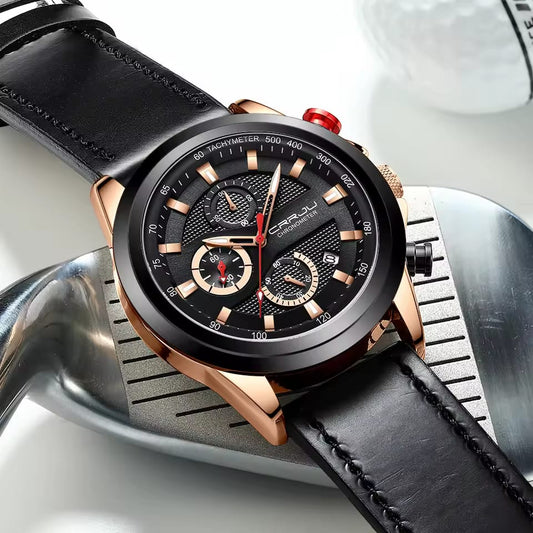 Crrju 2282 Stainless Steel Leather Strap Mens New Luxury Business Luminous Chronograph Date Quartz Watch