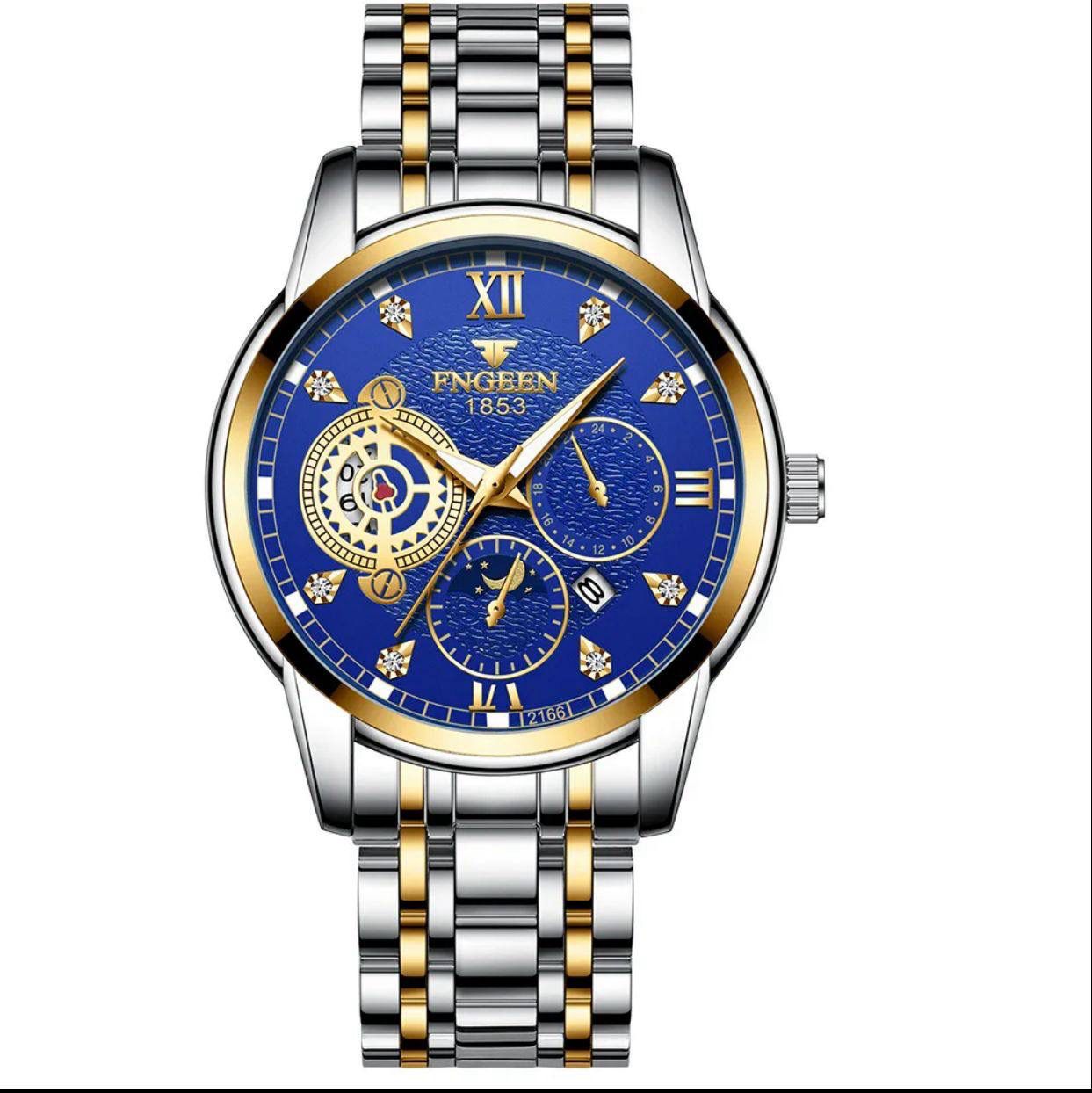 Fngeen 2166 Casual Fashion Stainless Steel Strap Men's Moon Phase Watch Waterproof Wrist Japan Quartz Watches