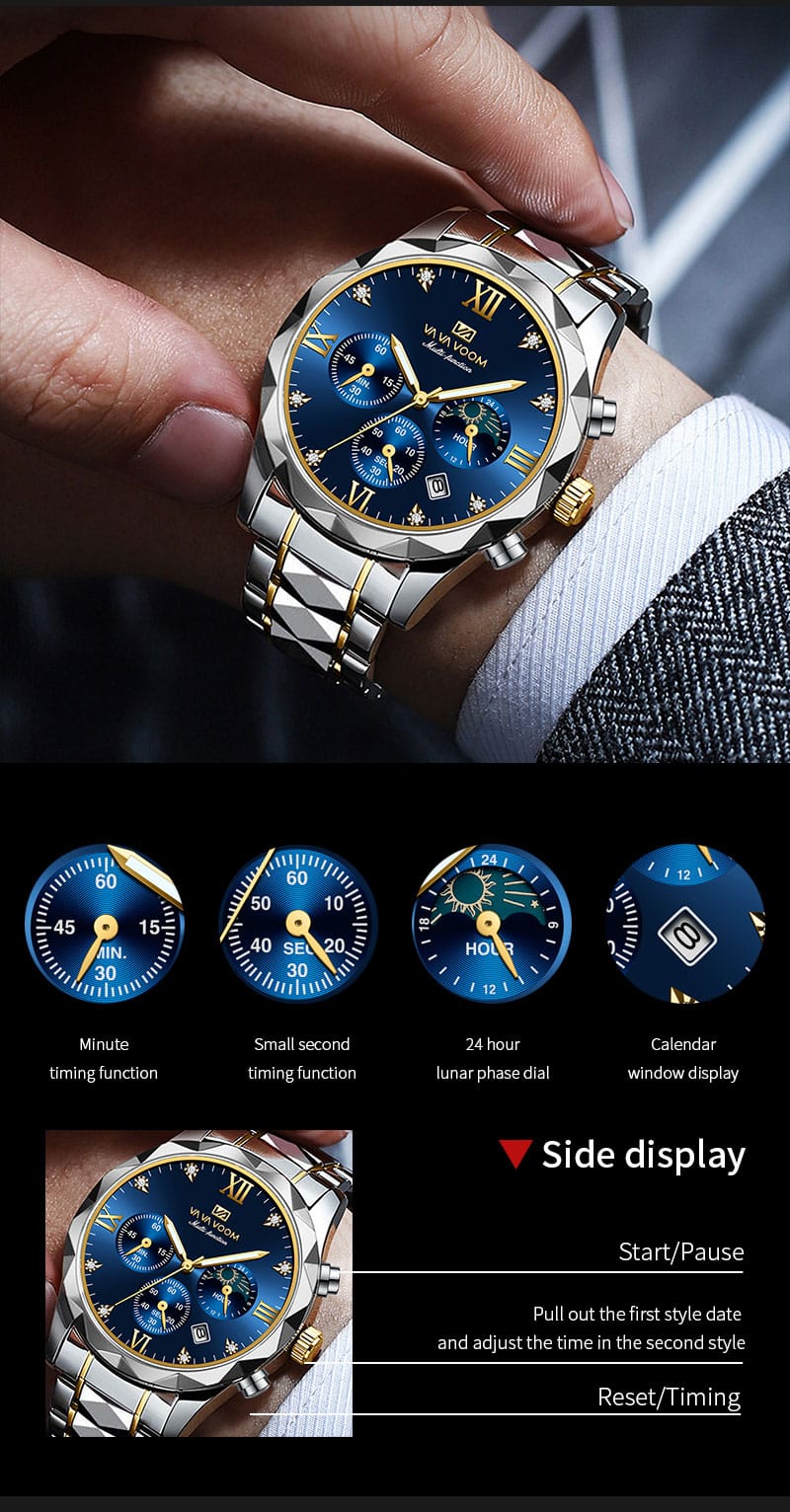 2025 New Fashion VAVOOM VA2741 Date Chronograph Wrist Quartz Watch for Men Stainless Steel Band Luminous Sport Watches