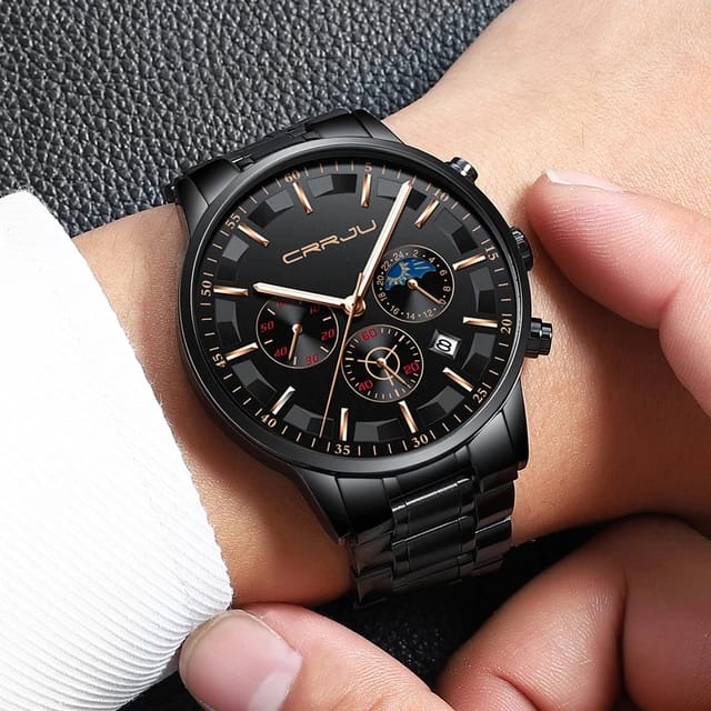 CRRJU 2260 Man Quartz Watch Exclusive Stainless Steel Band 24 Hour Chronograph Date Display Sports Hand Watch