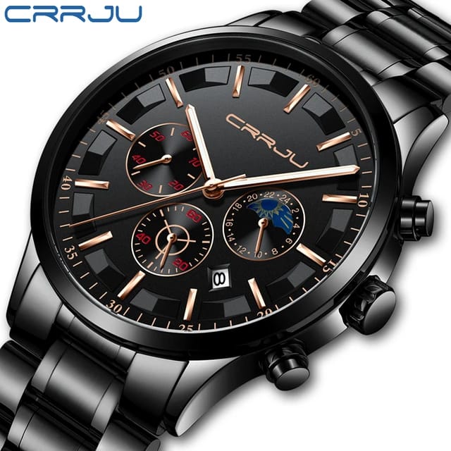 CRRJU 2260 Man Quartz Watch Exclusive Stainless Steel Band 24 Hour Chronograph Date Display Sports Hand Watch