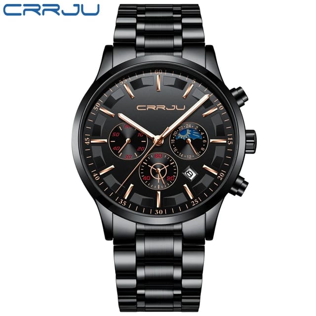CRRJU 2260 Man Quartz Watch Exclusive Stainless Steel Band 24 Hour Chronograph Date Display Sports Hand Watch
