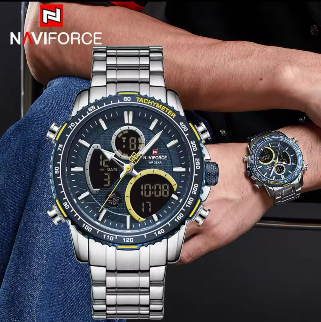NAVIFORCE 9182 Fashion Business Watches for Mens Luminous Led Digital Dual Time Chronograph Waterproof Watches Male