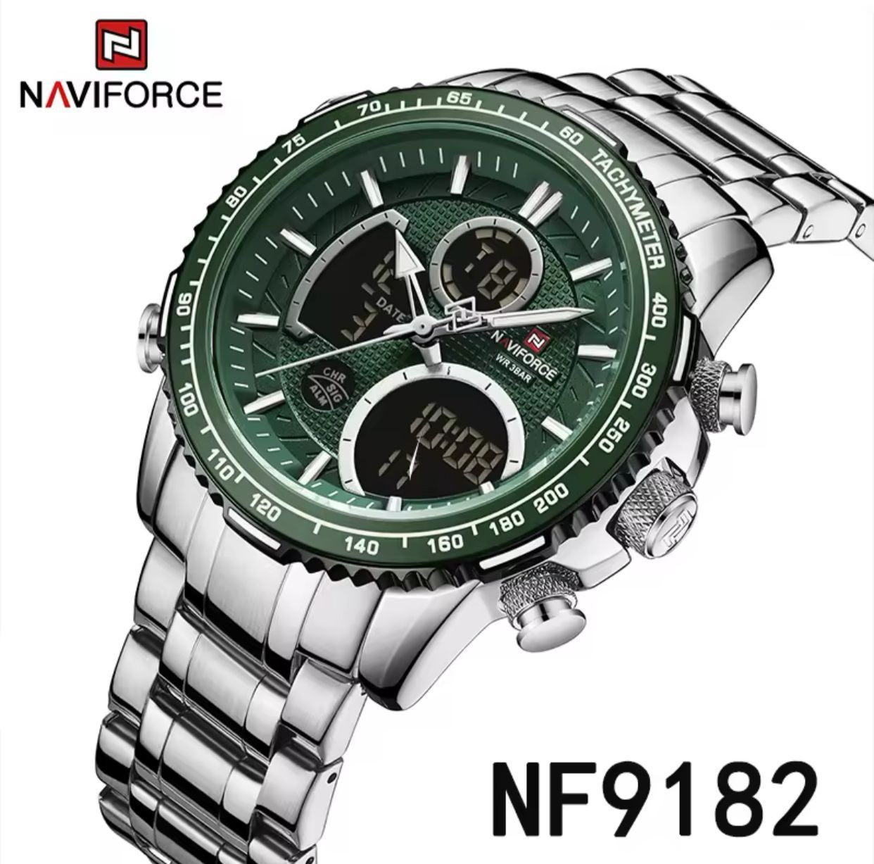NAVIFORCE 9182 Fashion Business Watches for Mens Luminous Led Digital Dual Time Chronograph Waterproof Watches Male