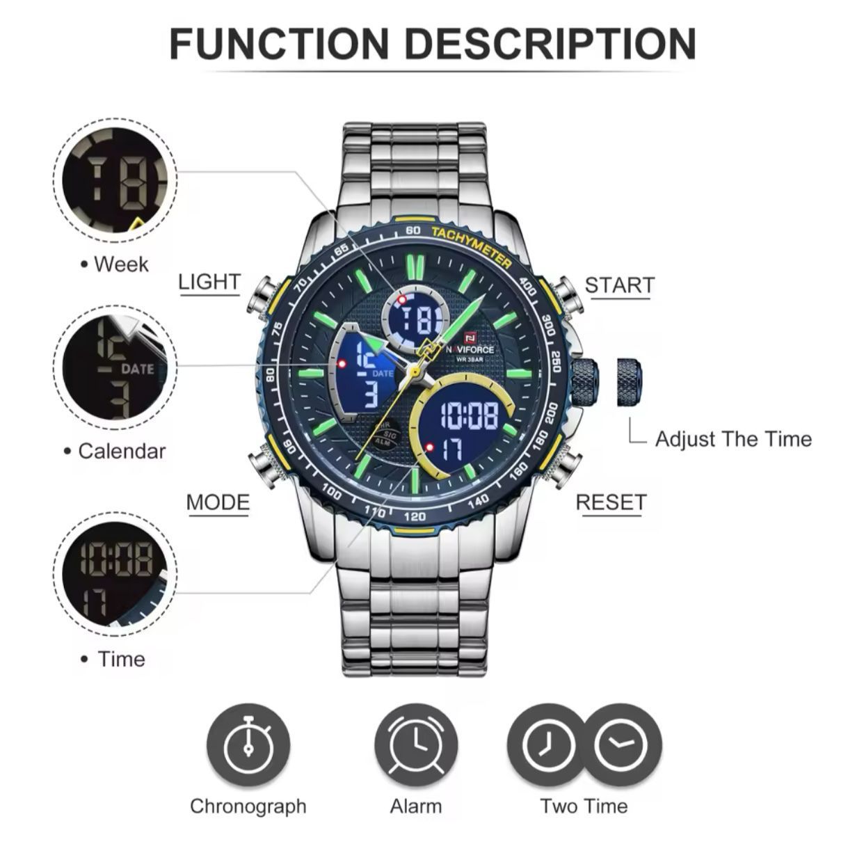 NAVIFORCE 9182 Fashion Business Watches for Mens Luminous Led Digital Dual Time Chronograph Waterproof Watches Male