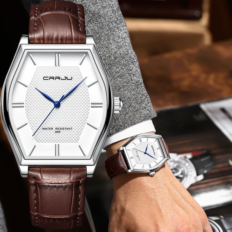 CRRJU 5020 Men's Waterproof Watch Japan Quartz Slim Stainless Steel Leather Strap Fashion Watch