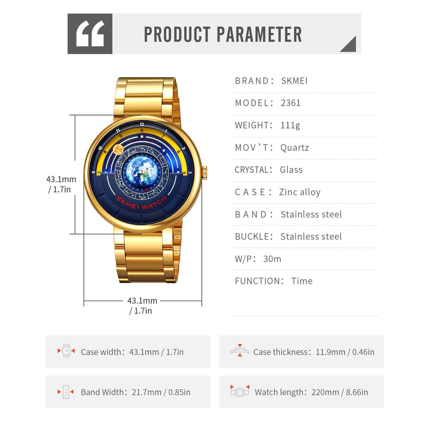 Top Brand Skmei 2361 Fashion Blue Dial Watch Men 30ATM Waterproof Date Sport Watches Mens Quartz Wristwatch