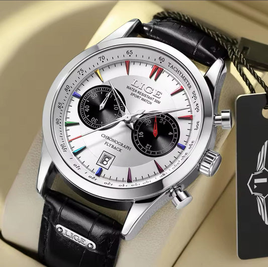 LIGE 89128 New Design Mens Quartz Chronograph Watch Stylish Genuine Leather Band Waterproofing Date Display Business Watches