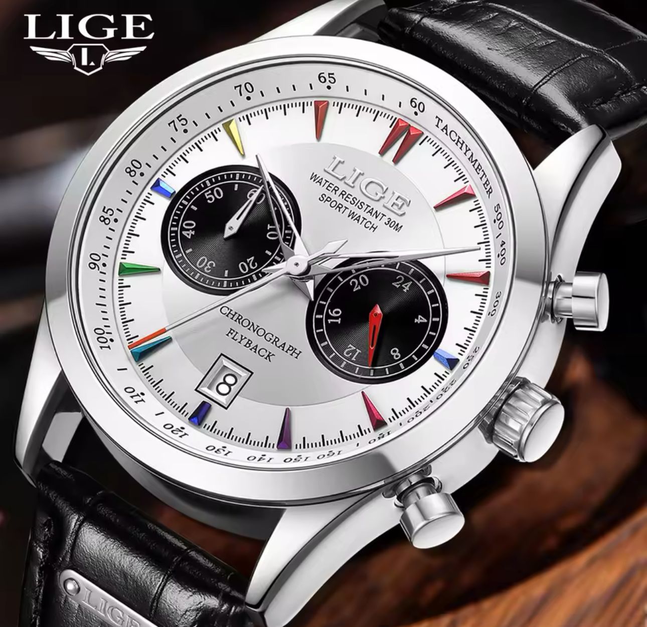 LIGE 89128 New Design Mens Quartz Chronograph Watch Stylish Genuine Leather Band Waterproofing Date Display Business Watches