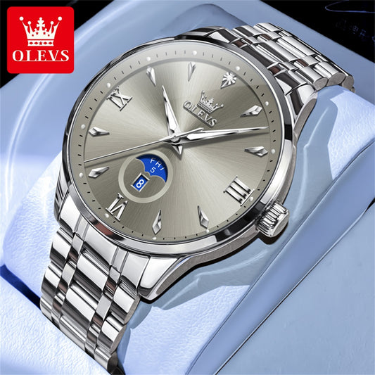 OLEVS 3646 Luxury Quartz Moon Phase Watches Mens Waterproof Original Fashion Stainless Steel Multi Function Auto Date Wristwatch
