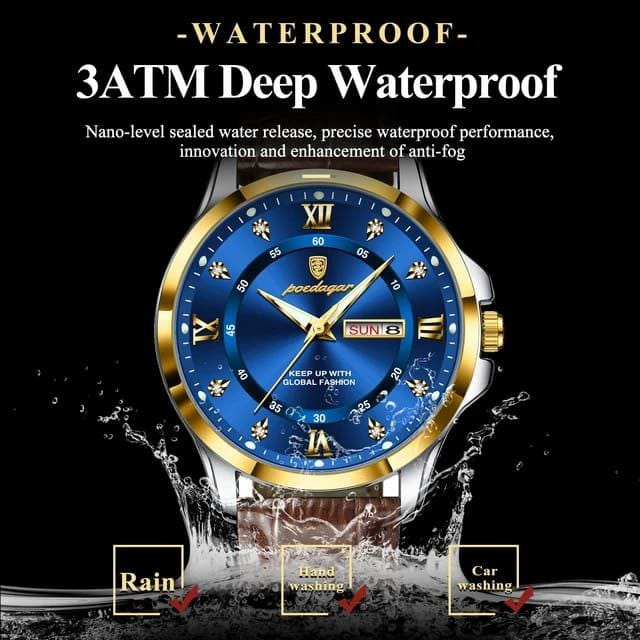 POEDAGAR 855 Luxury Elegant Dual Calendar Waterproof Male Watch Luminous Night Light Quartz Stainless Steel Sports Men's Watches