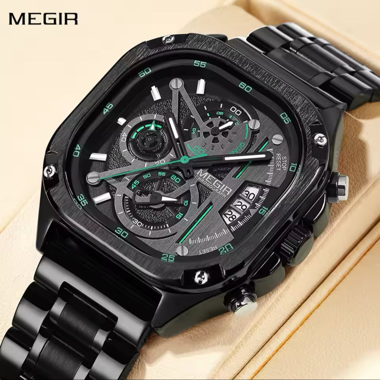 MEGIR 2217 Square Dial Chronograph Quartz Watches for Men Stainless Steel Strap with Luminous Hands Fashion Sports Male Wristwatch