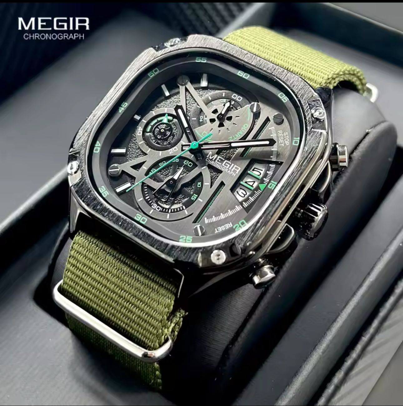 MEGIR 2217 Square Dial Chronograph Quartz Watches for Men Stainless Steel Strap with Luminous Hands Fashion Sports Male Wristwatch