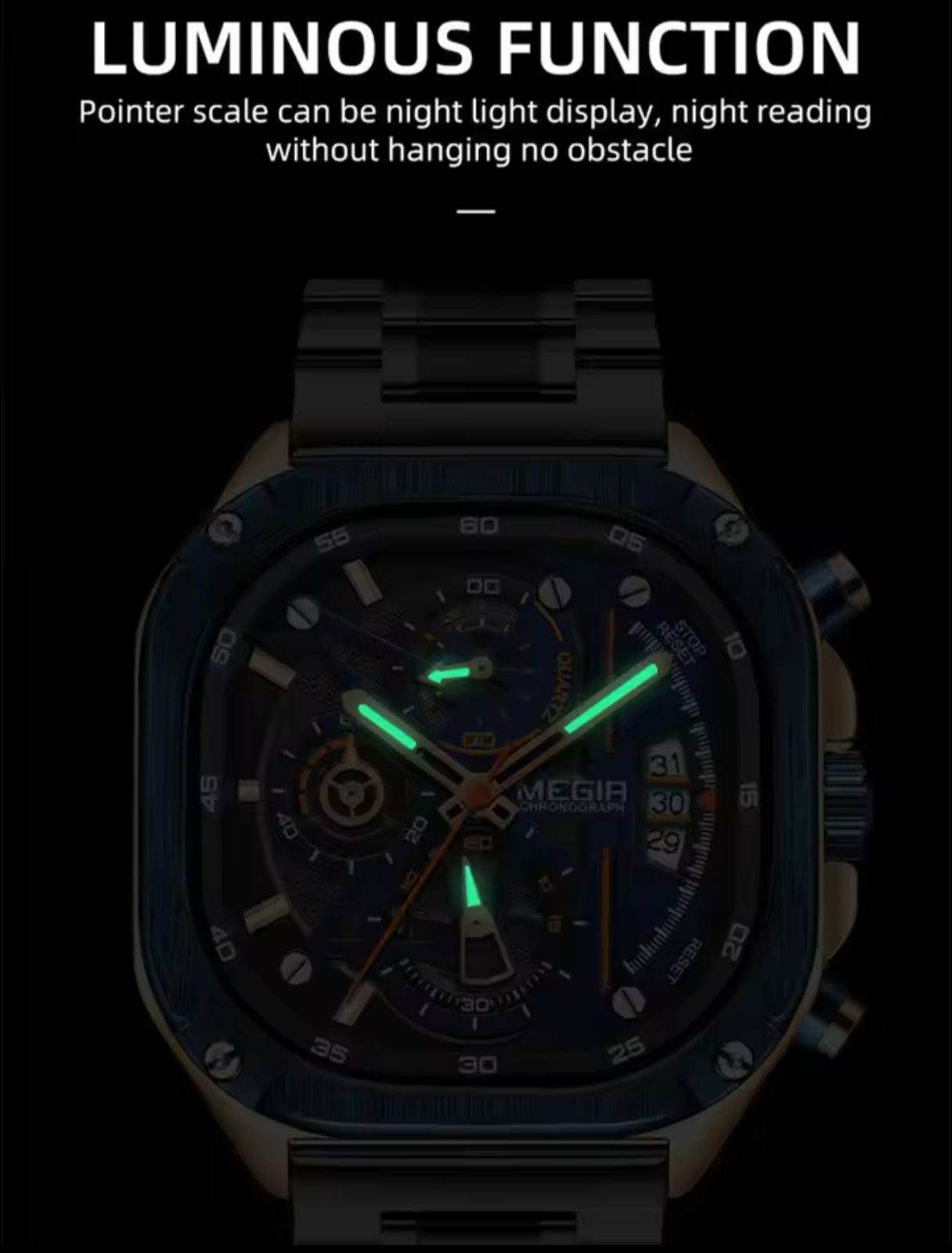 MEGIR 2217 Square Dial Chronograph Quartz Watches for Men Stainless Steel Strap with Luminous Hands Fashion Sports Male Wristwatch