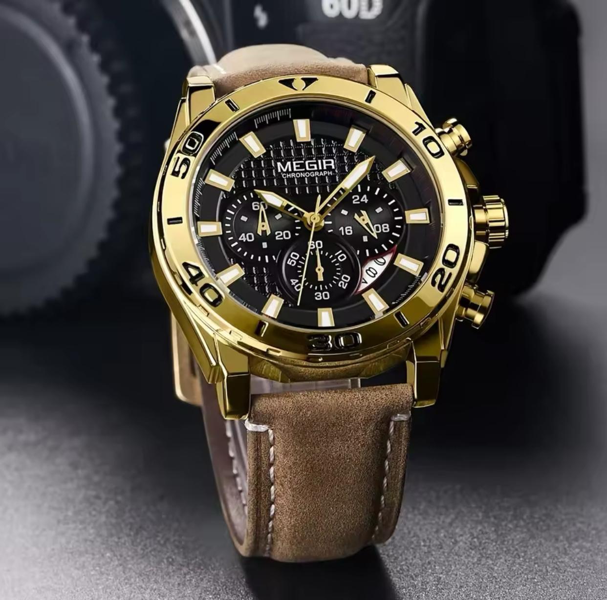 Megir 2094 Original Brand Complete Calendar Luxury Men Quartz Watches Water Resistant Antique Luminous Hands Leather Chronograph