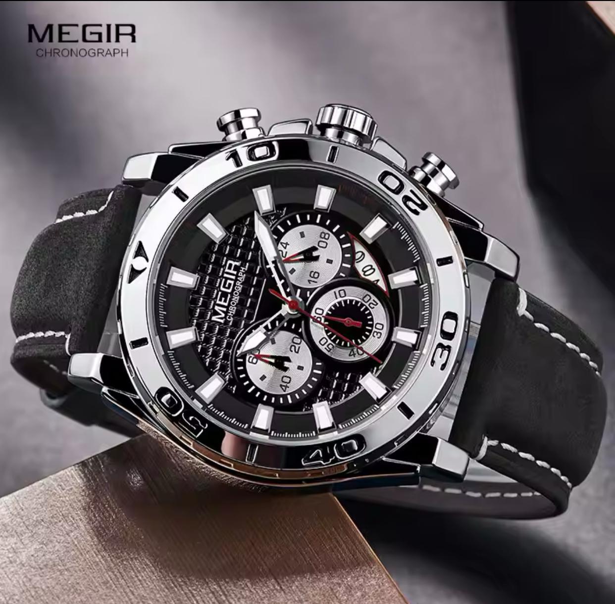 Megir 2094 Original Brand Complete Calendar Luxury Men Quartz Watches Water Resistant Antique Luminous Hands Leather Chronograph