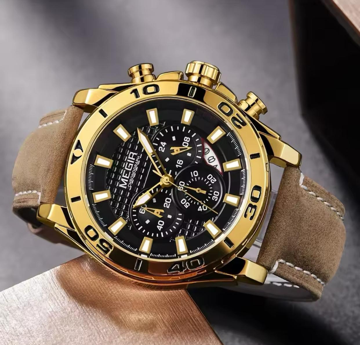 Megir 2094 Original Brand Complete Calendar Luxury Men Quartz Watches Water Resistant Antique Luminous Hands Leather Chronograph