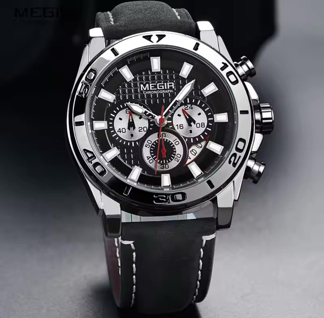 Megir 2094 Original Brand Complete Calendar Luxury Men Quartz Watches Water Resistant Antique Luminous Hands Leather Chronograph