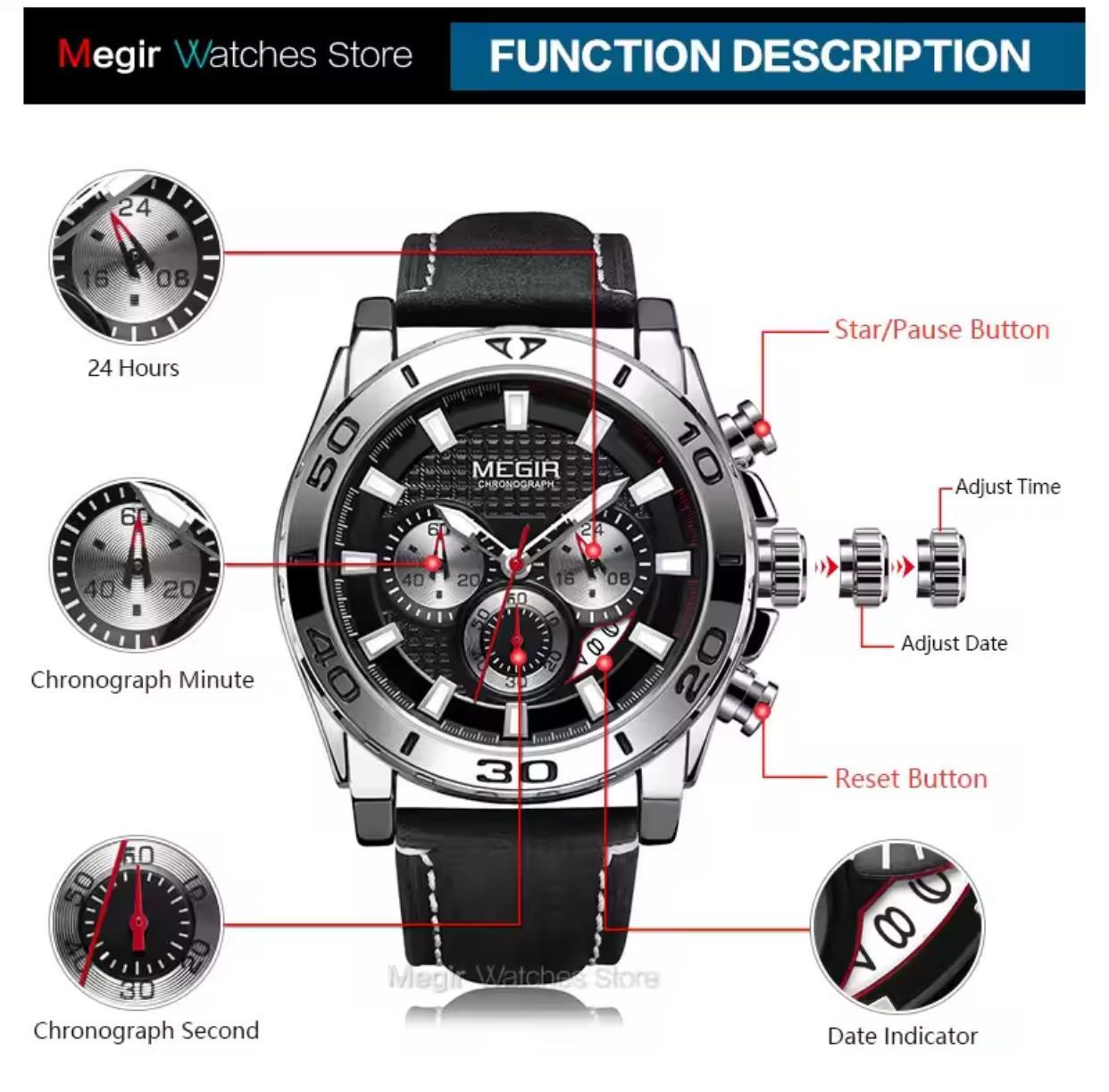 Megir 2094 Original Brand Complete Calendar Luxury Men Quartz Watches Water Resistant Antique Luminous Hands Leather Chronograph