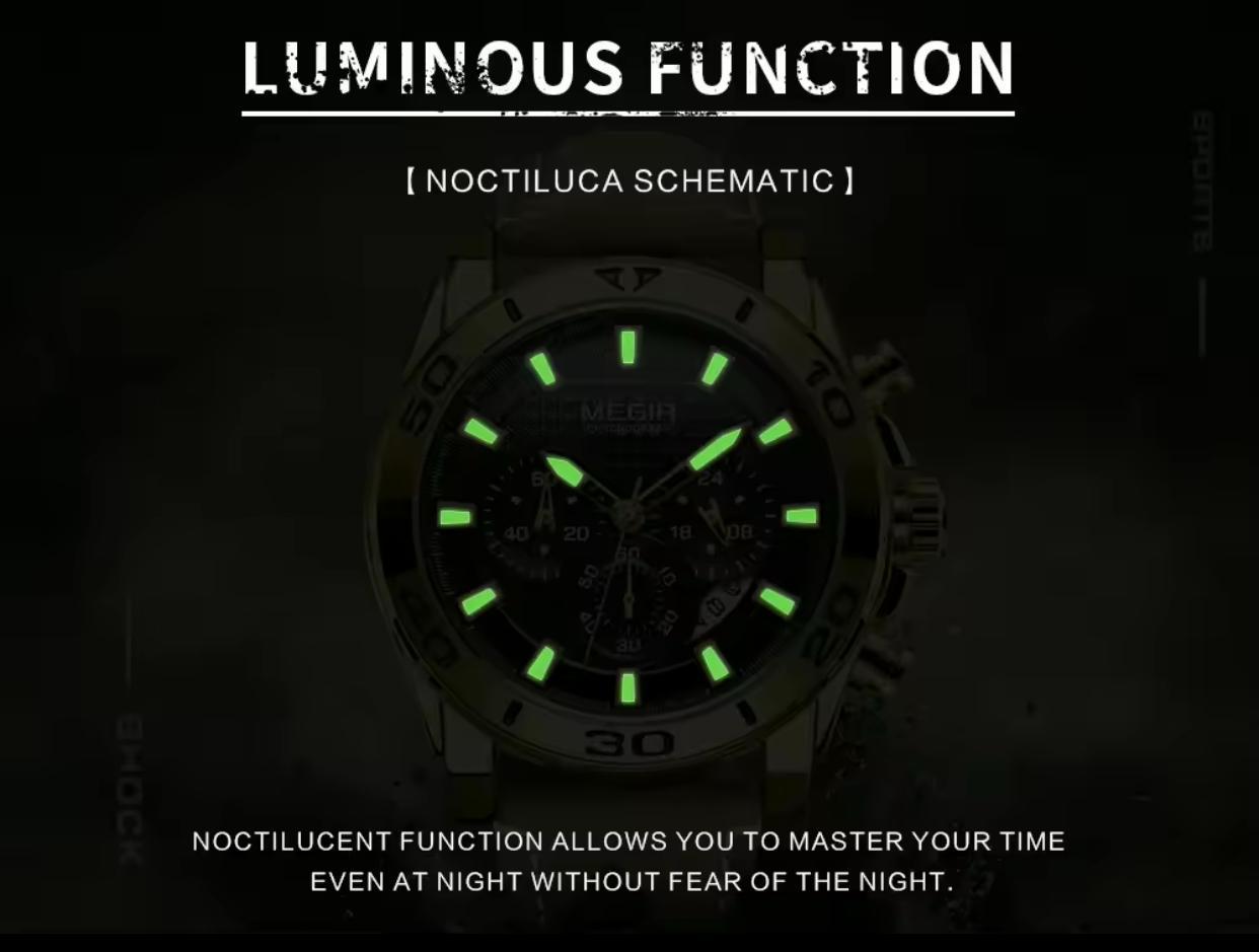Megir 2094 Original Brand Complete Calendar Luxury Men Quartz Watches Water Resistant Antique Luminous Hands Leather Chronograph