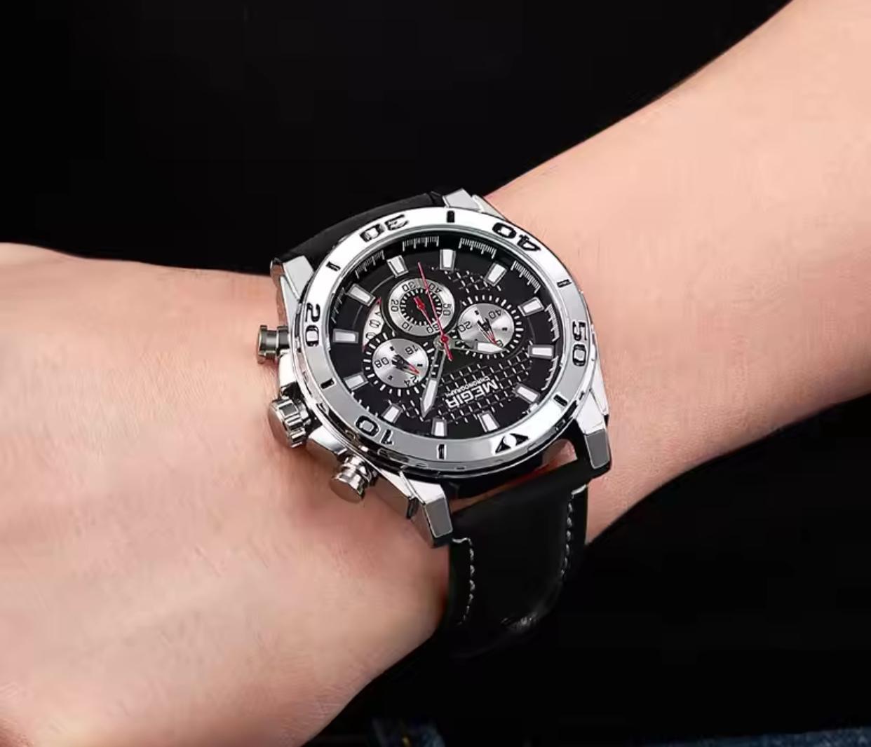 Megir 2094 Original Brand Complete Calendar Luxury Men Quartz Watches Water Resistant Antique Luminous Hands Leather Chronograph