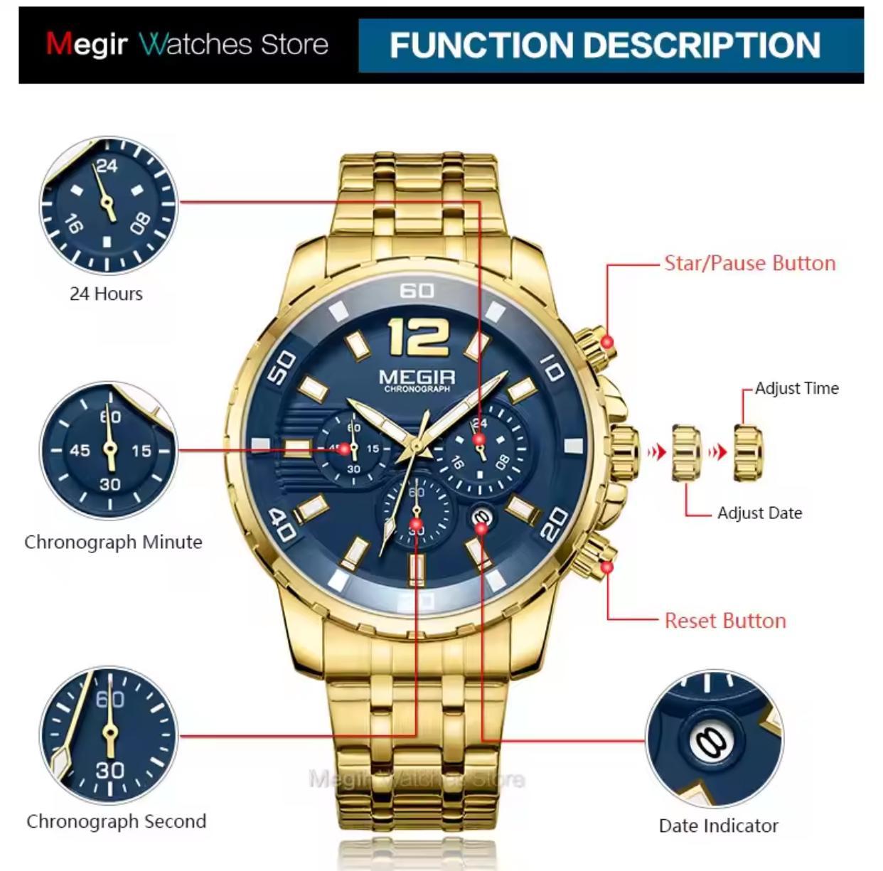 New Arrival MEGIR 2068 Classic Luxury Men Watch Stainless Steel Band Chronograph Calendar Luminous Waterproof Quartz Watches