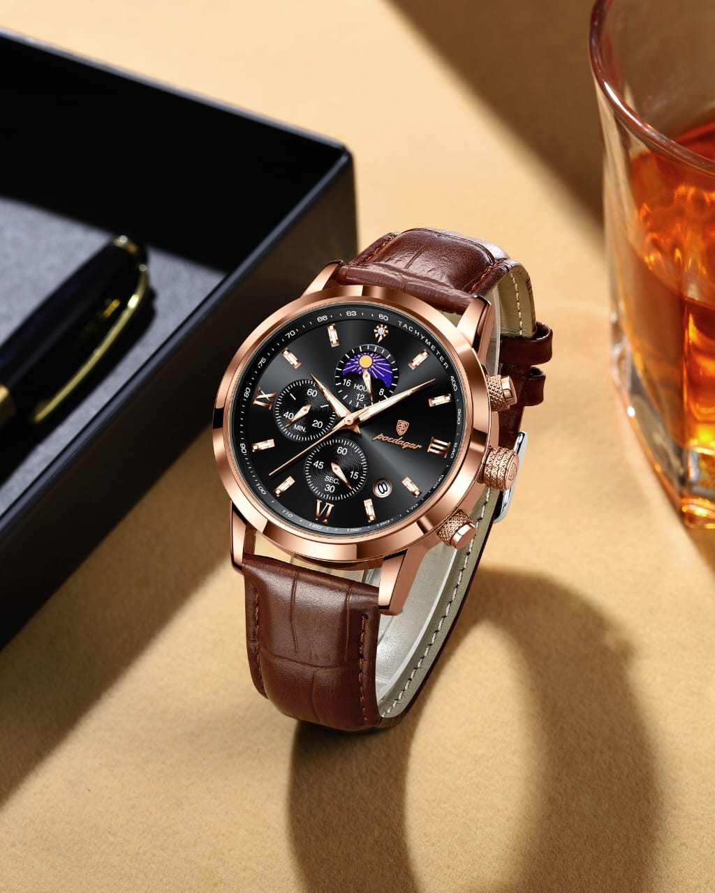 POEDAGAR 882 Leather Strap Waterproof Sport Quartz Watch Chronograph Man Gift Men Business Luxury Wristwatch