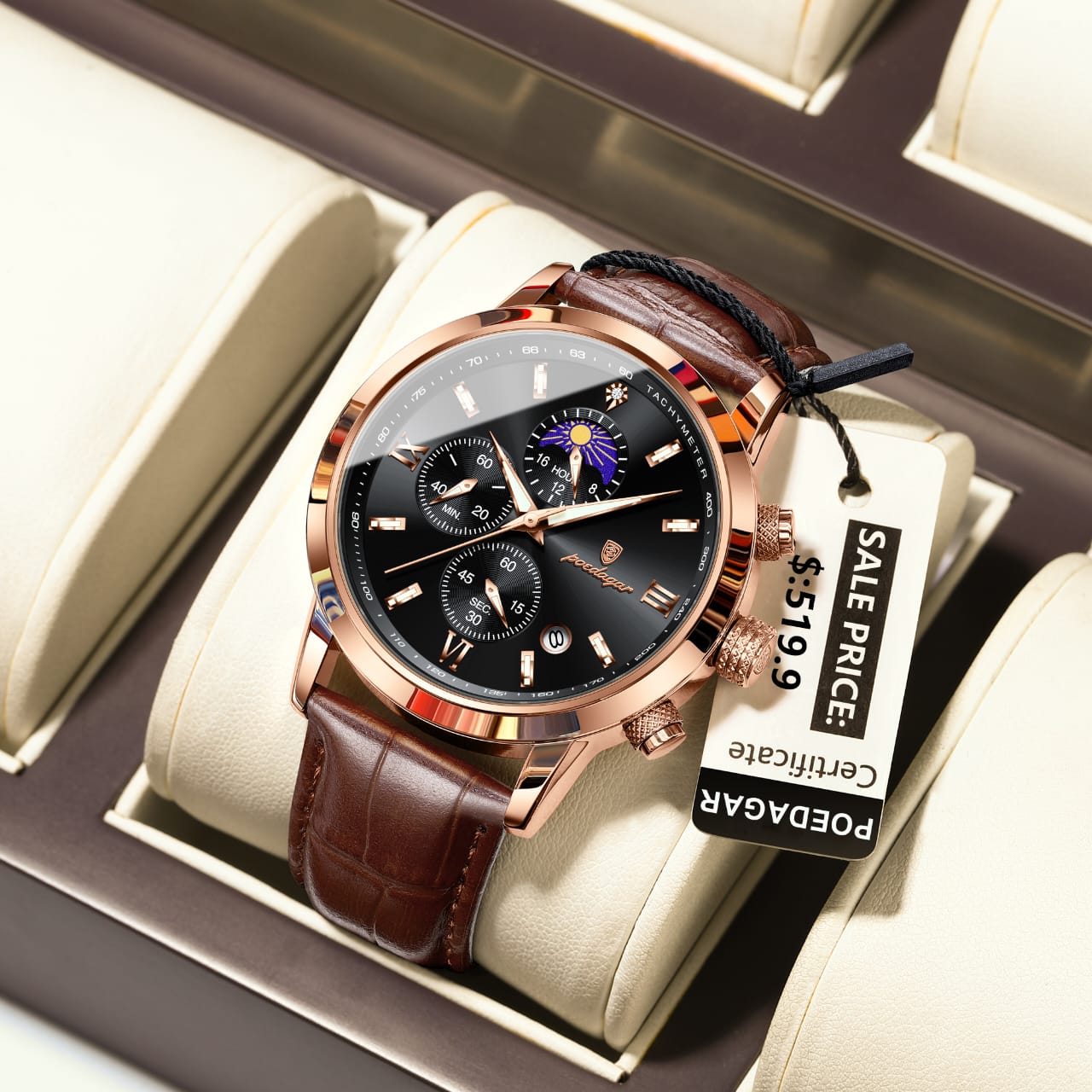 POEDAGAR 882 Leather Strap Waterproof Sport Quartz Watch Chronograph Man Gift Men Business Luxury Wristwatch