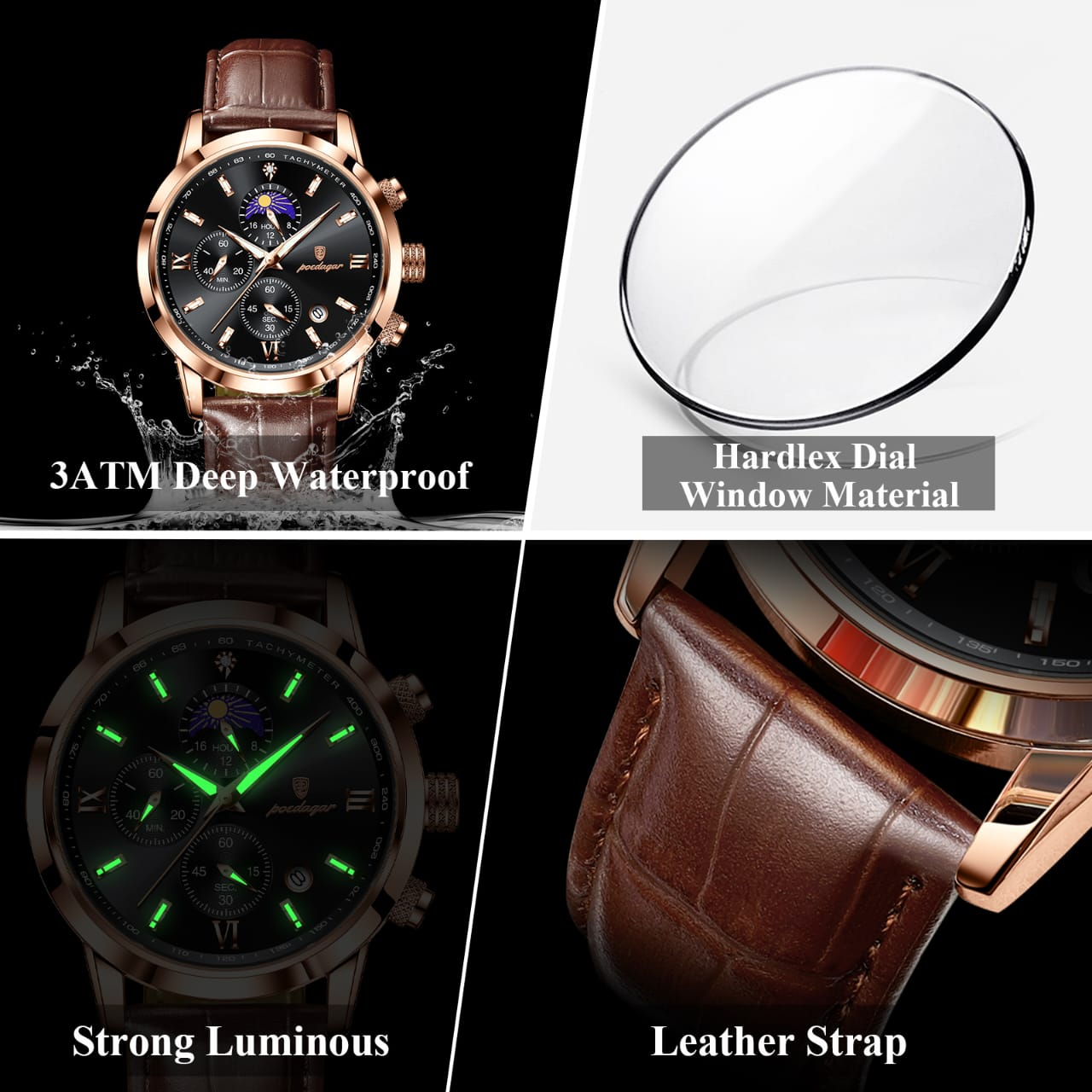 POEDAGAR 882 Leather Strap Waterproof Sport Quartz Watch Chronograph Man Gift Men Business Luxury Wristwatch