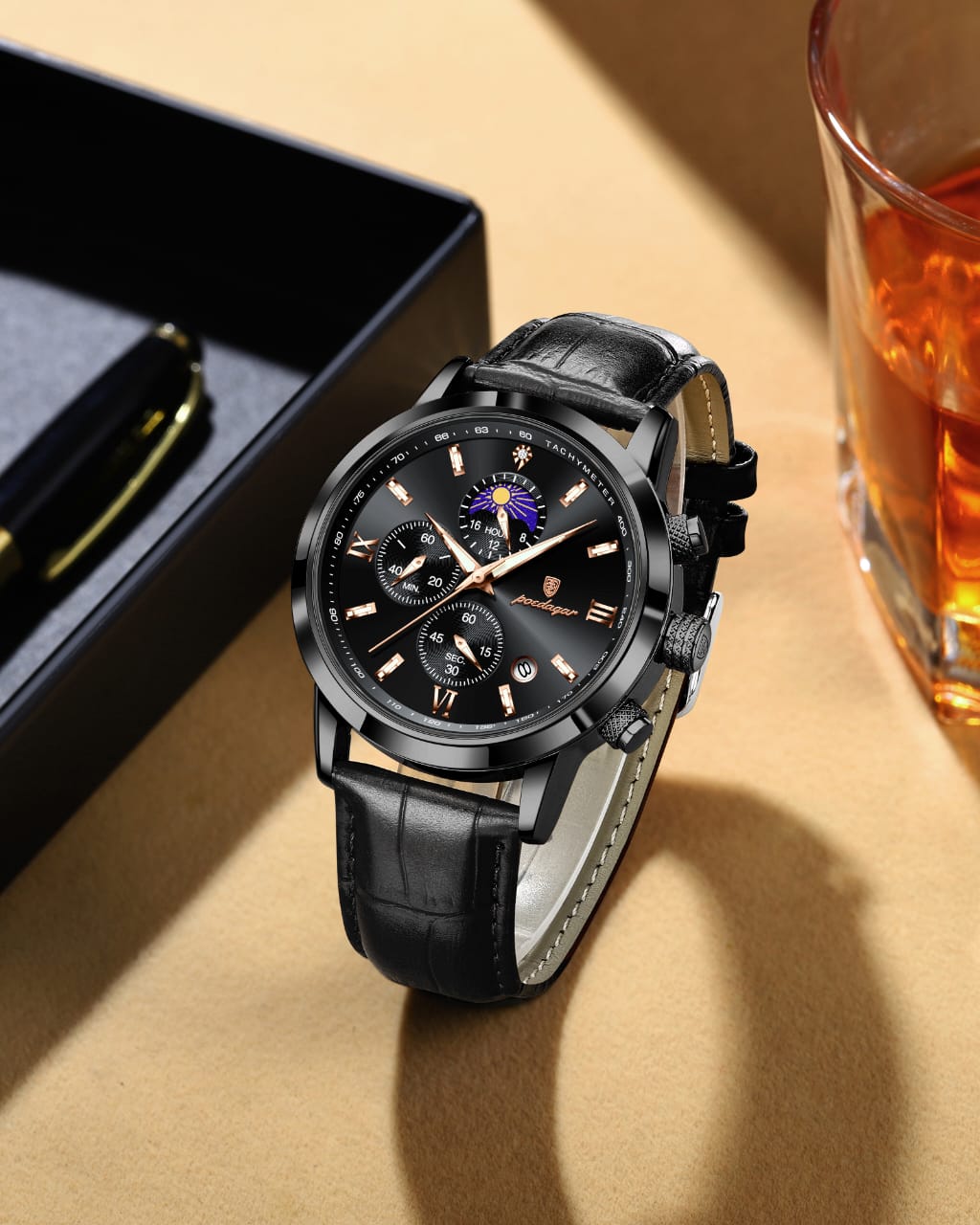 POEDAGAR 882 Leather Strap Waterproof Sport Quartz Watch Chronograph Man Gift Men Business Luxury Wristwatch