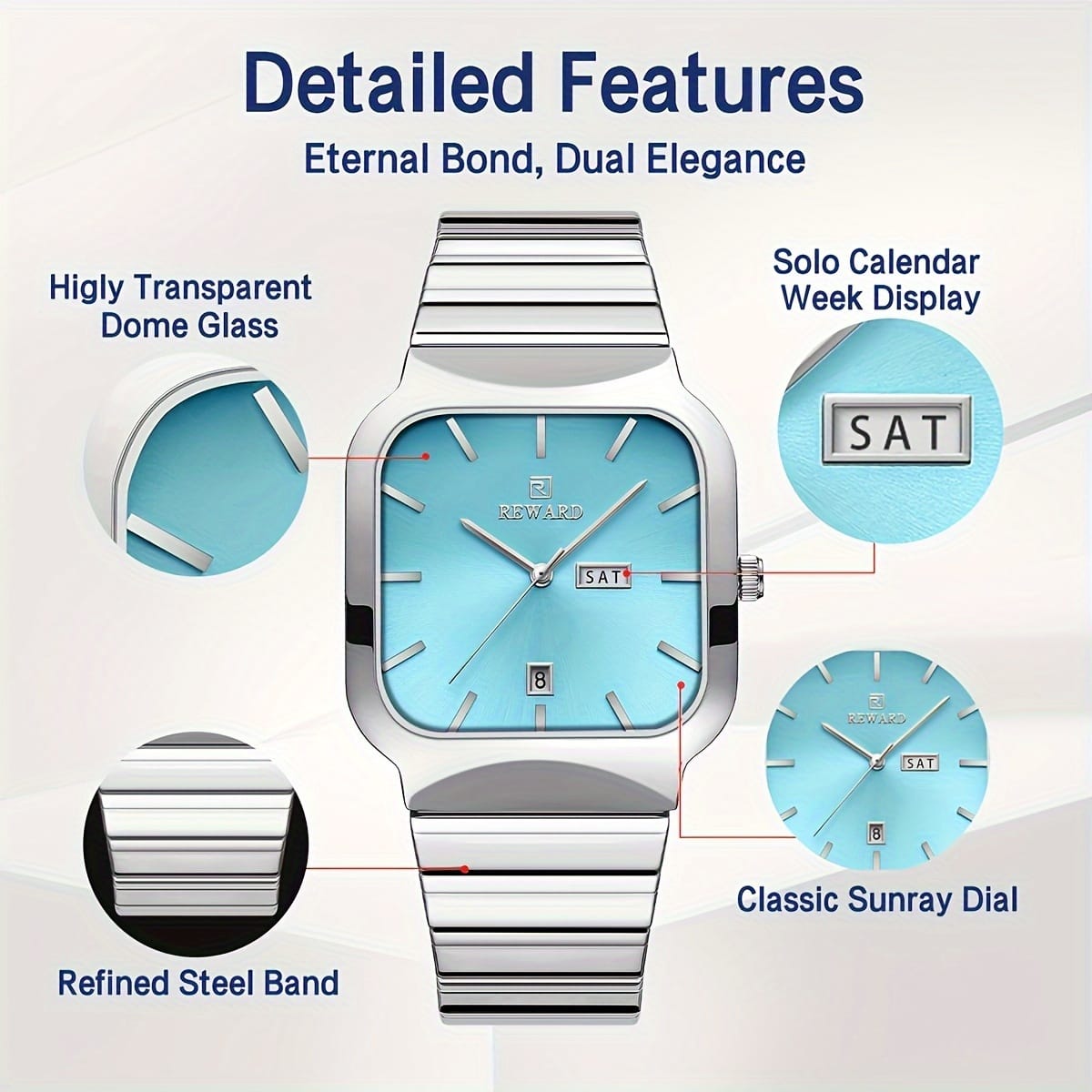 REWARD RD611264M Square Complete Calendar Steel Band Popular Couple Fashion Gold Wristwatch Japan Quartz Watches
