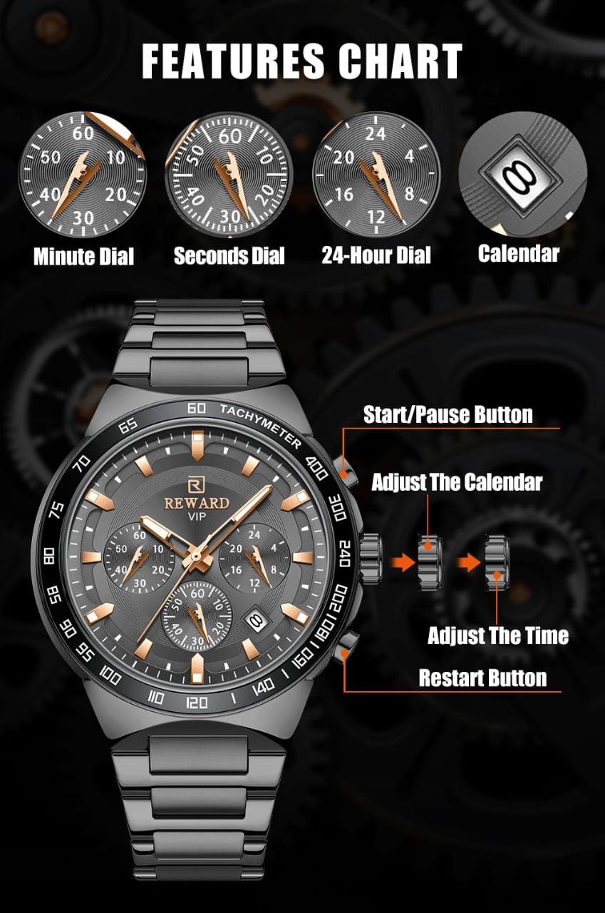 REWARD RD81967M Multi-function Men's Quartz Watch Business Style Steel Strap Waterproof Male Wristwatch Gift