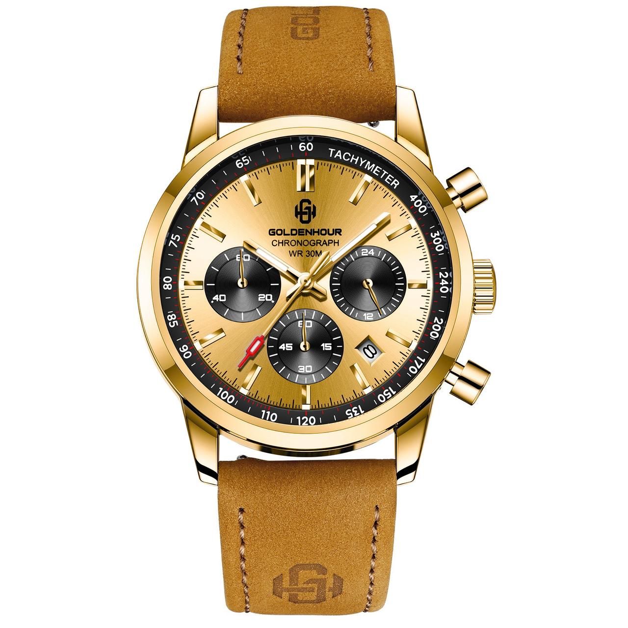 High Quality Sport Chronograph Men Quartz Watches Luxury Leather Wristwatch Waterproof Luminous Watch for Men Golden Hour 0203