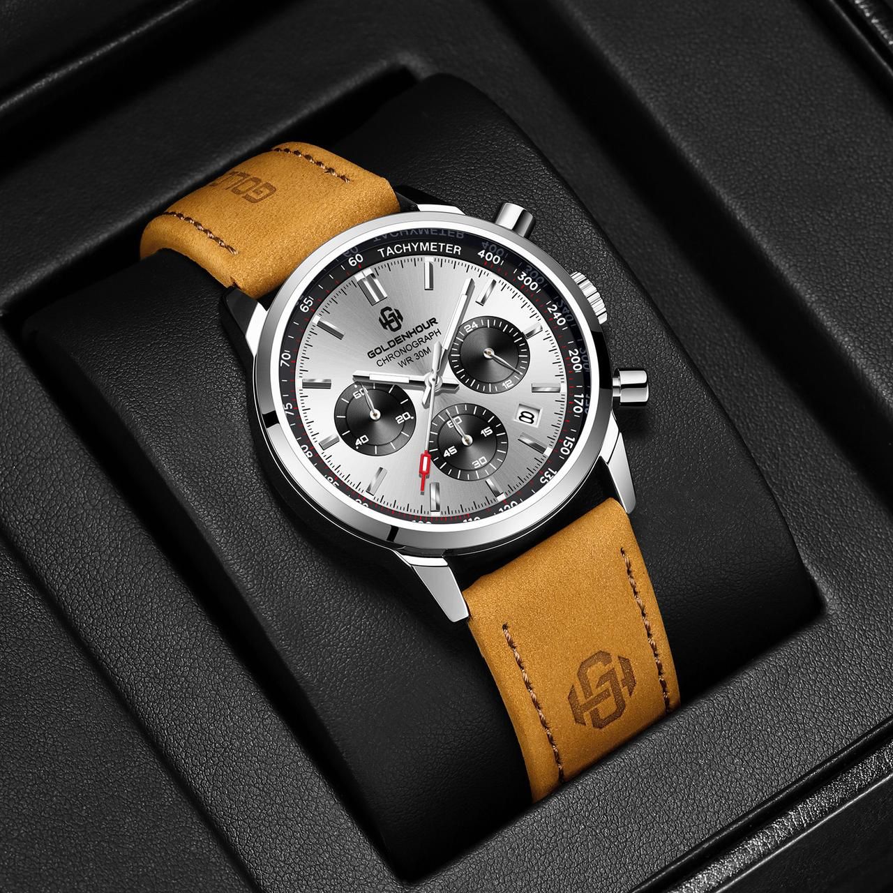 High Quality Sport Chronograph Men Quartz Watches Luxury Leather Wristwatch Waterproof Luminous Watch for Men Golden Hour 0203