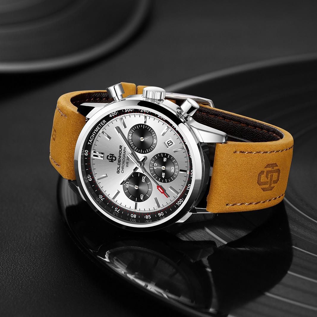 High Quality Sport Chronograph Men Quartz Watches Luxury Leather Wristwatch Waterproof Luminous Watch for Men Golden Hour 0203