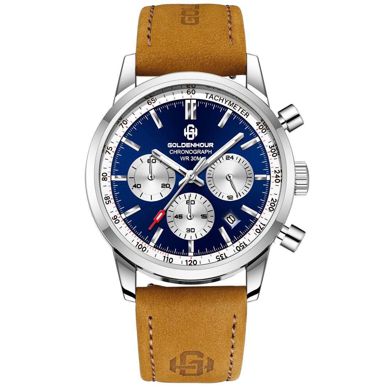 High Quality Sport Chronograph Men Quartz Watches Luxury Leather Wristwatch Waterproof Luminous Watch for Men Golden Hour 0203