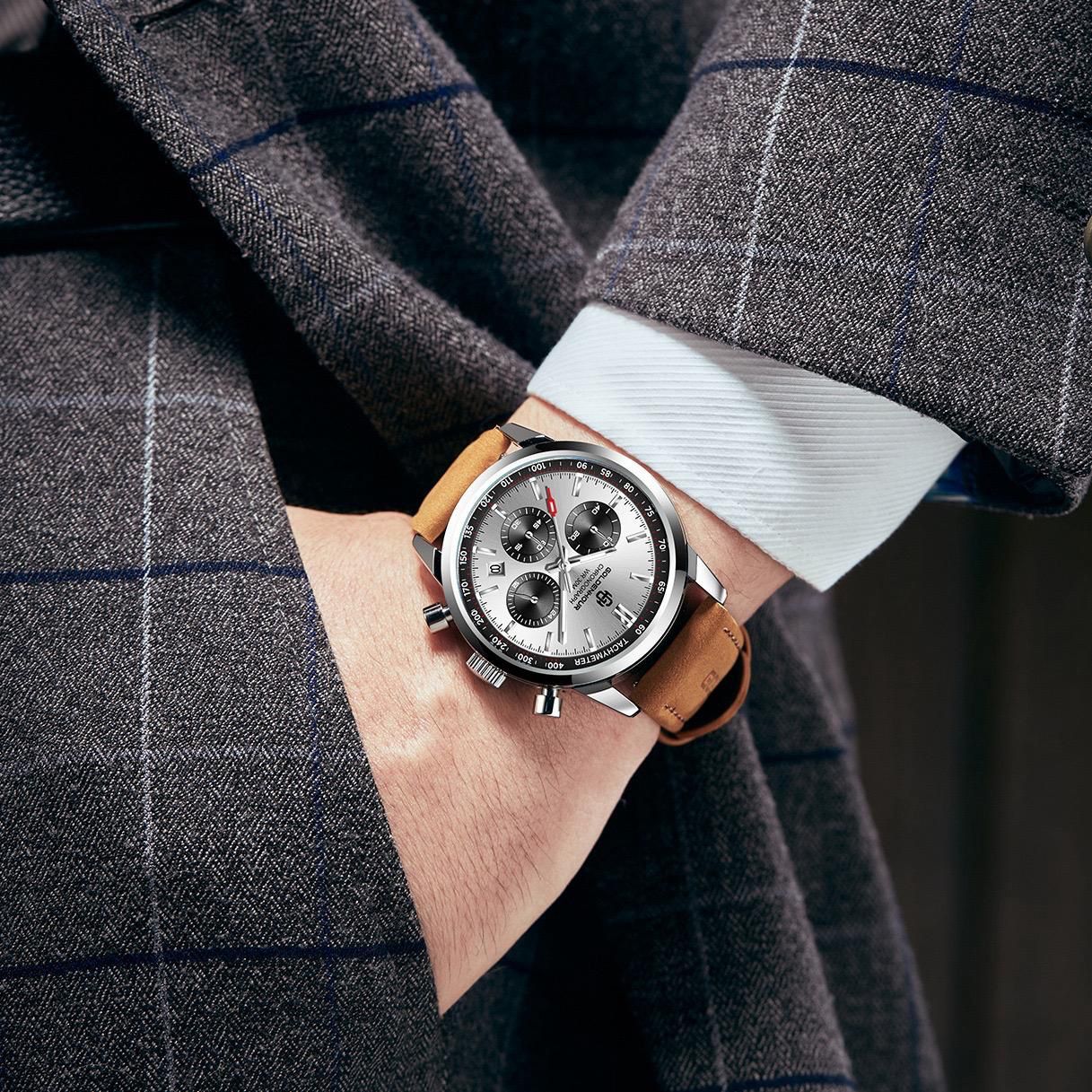 High Quality Sport Chronograph Men Quartz Watches Luxury Leather Wristwatch Waterproof Luminous Watch for Men Golden Hour 0203