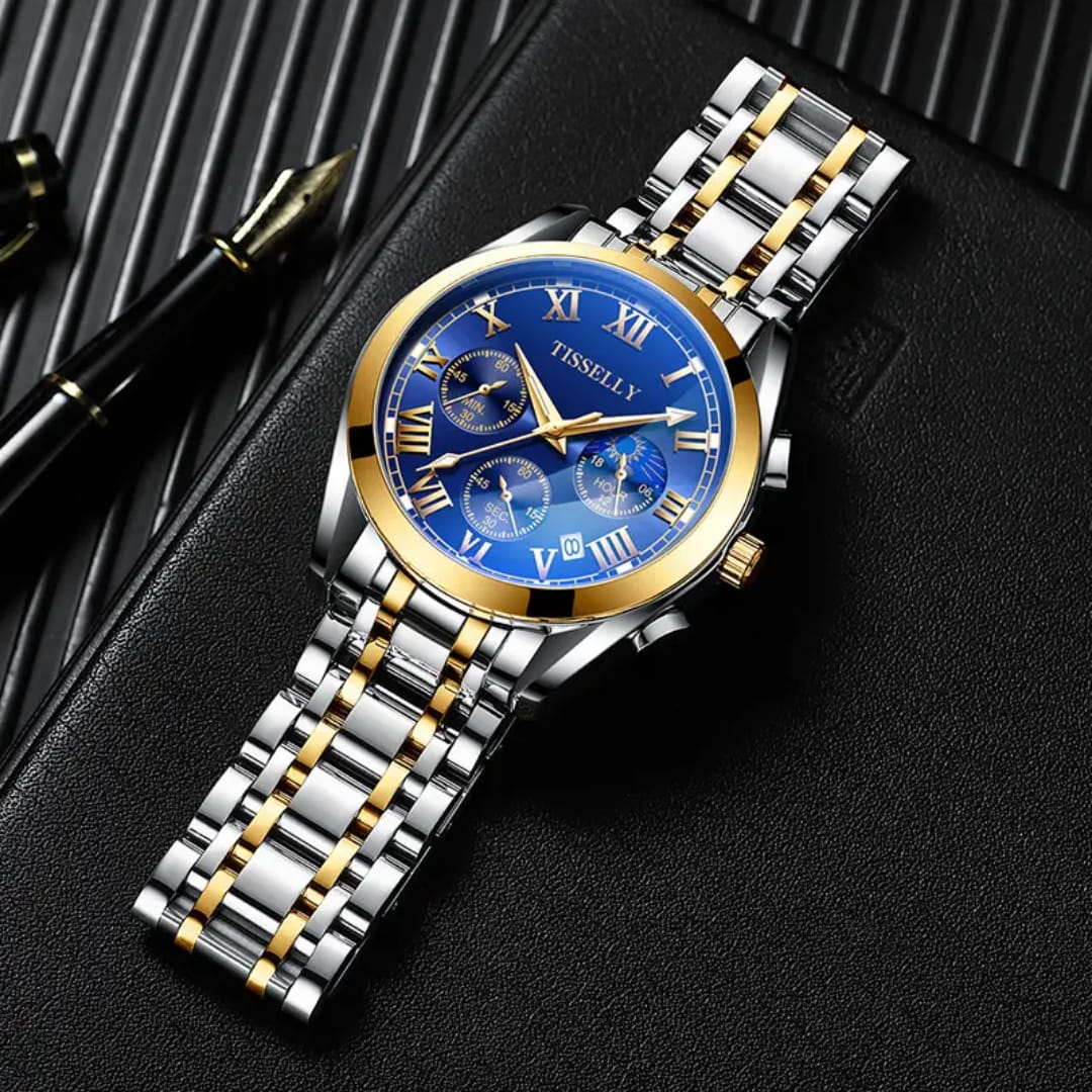 Hot TISSELLY 6601 Gold Diamond Steel Moon Multi-function Quartz Mens Watches Top Brand Luxury Watch for Men 2024