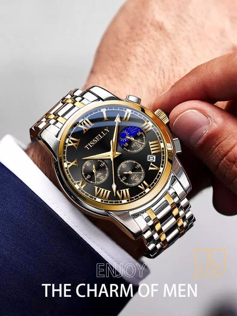 Hot TISSELLY 6601 Gold Diamond Steel Moon Multi-function Quartz Mens Watches Top Brand Luxury Watch for Men 2024