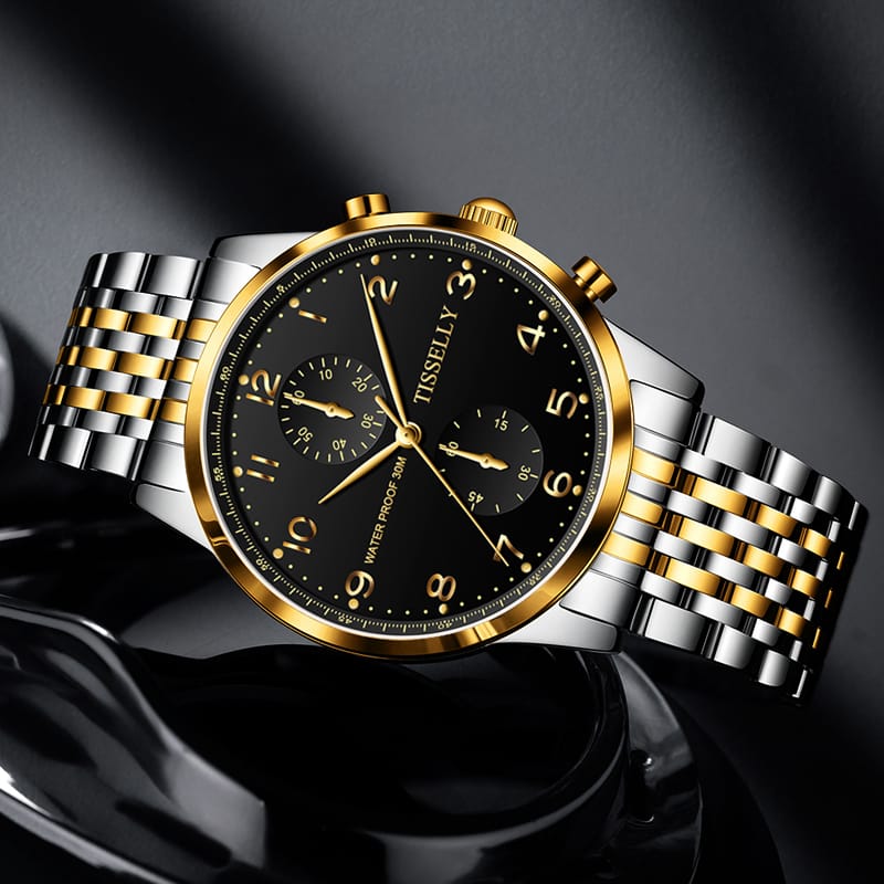 Tisselly T001 Luxury Quartz Watch Stainless Steel Back and Gold Mens Watch Analog Quartz Watch