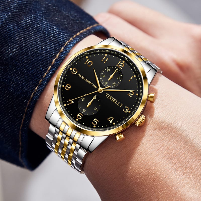 Tisselly T001 Luxury Quartz Watch Stainless Steel Back and Gold Mens Watch Analog Quartz Watch