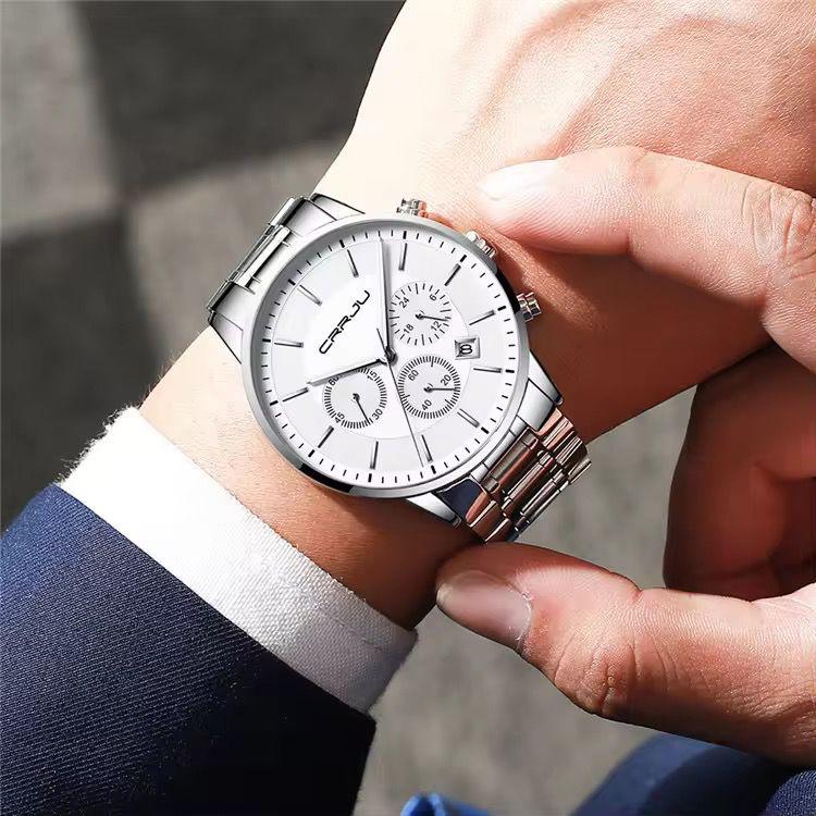 CRRJU 2262 Man Quartz Watch Exclusive Stainless Steel Band 24 Hour Chronograph Date Display Sports Hand Watch