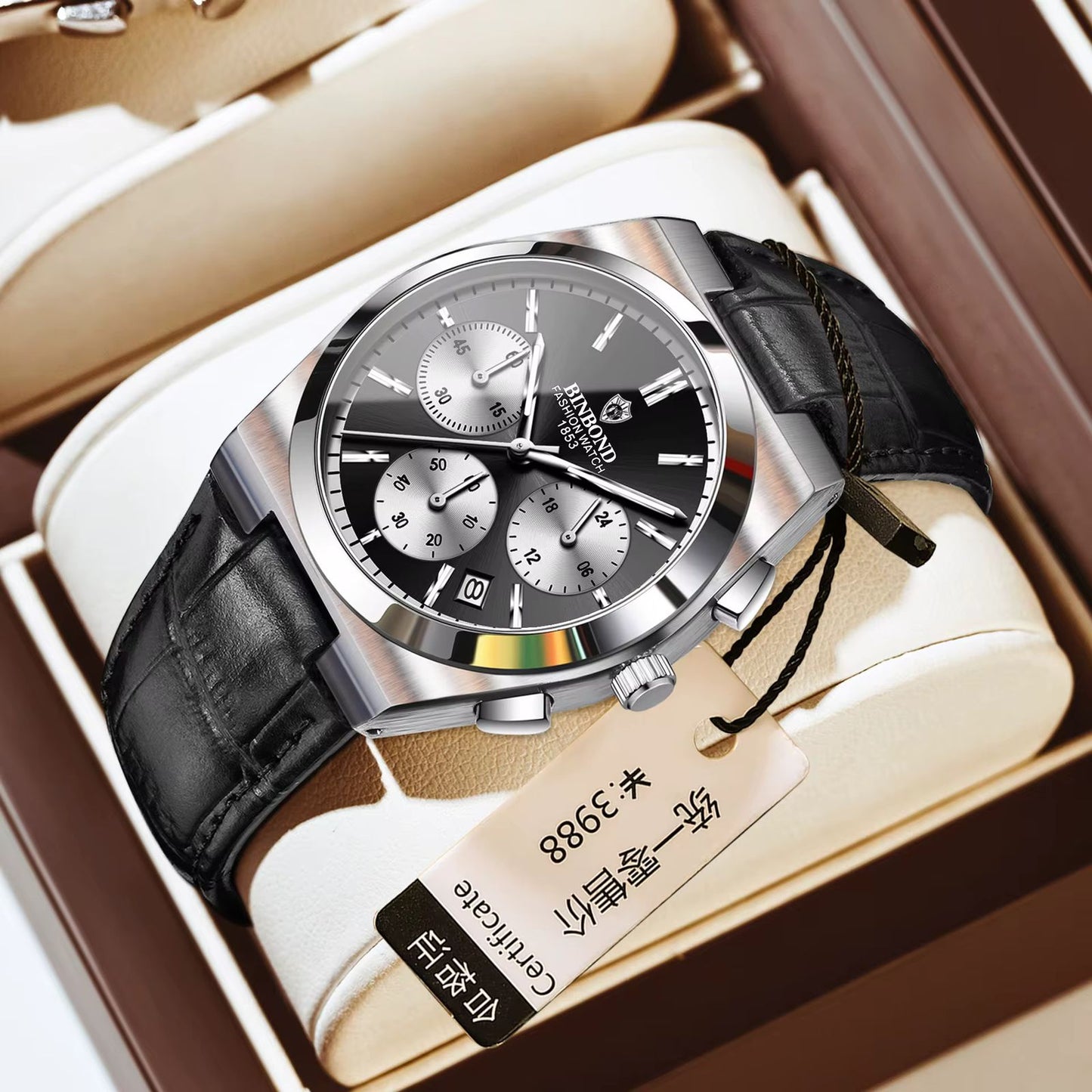 Binbond New Chronograph Leather B203L Men's Business Watch Multifunctional Waterproof Quartz Watch