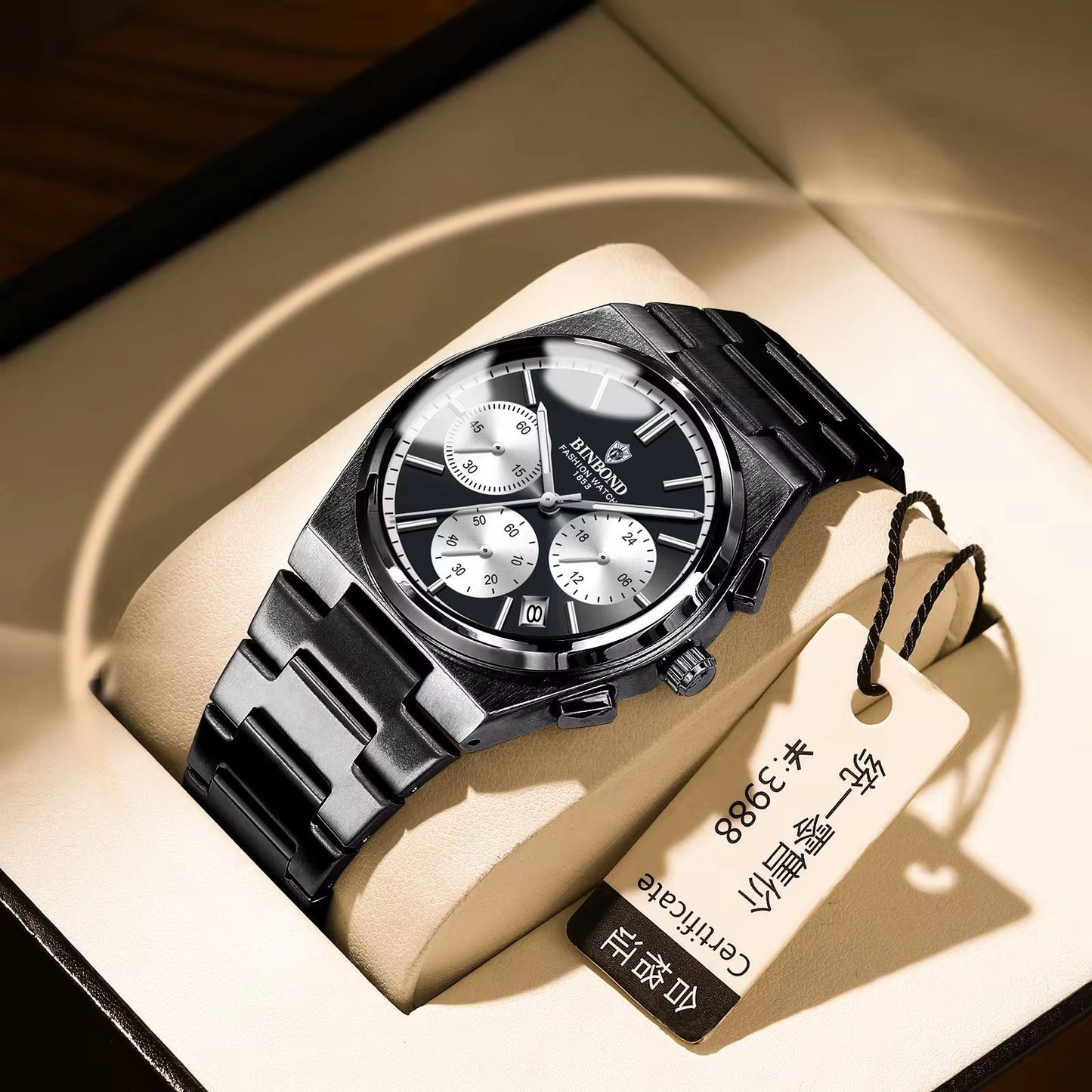 BINBOND B203 Luminous Hands Chronograph Stainless Steel Strap Men's 3ATM Waterproof Wrist Quartz Movement Date Watches