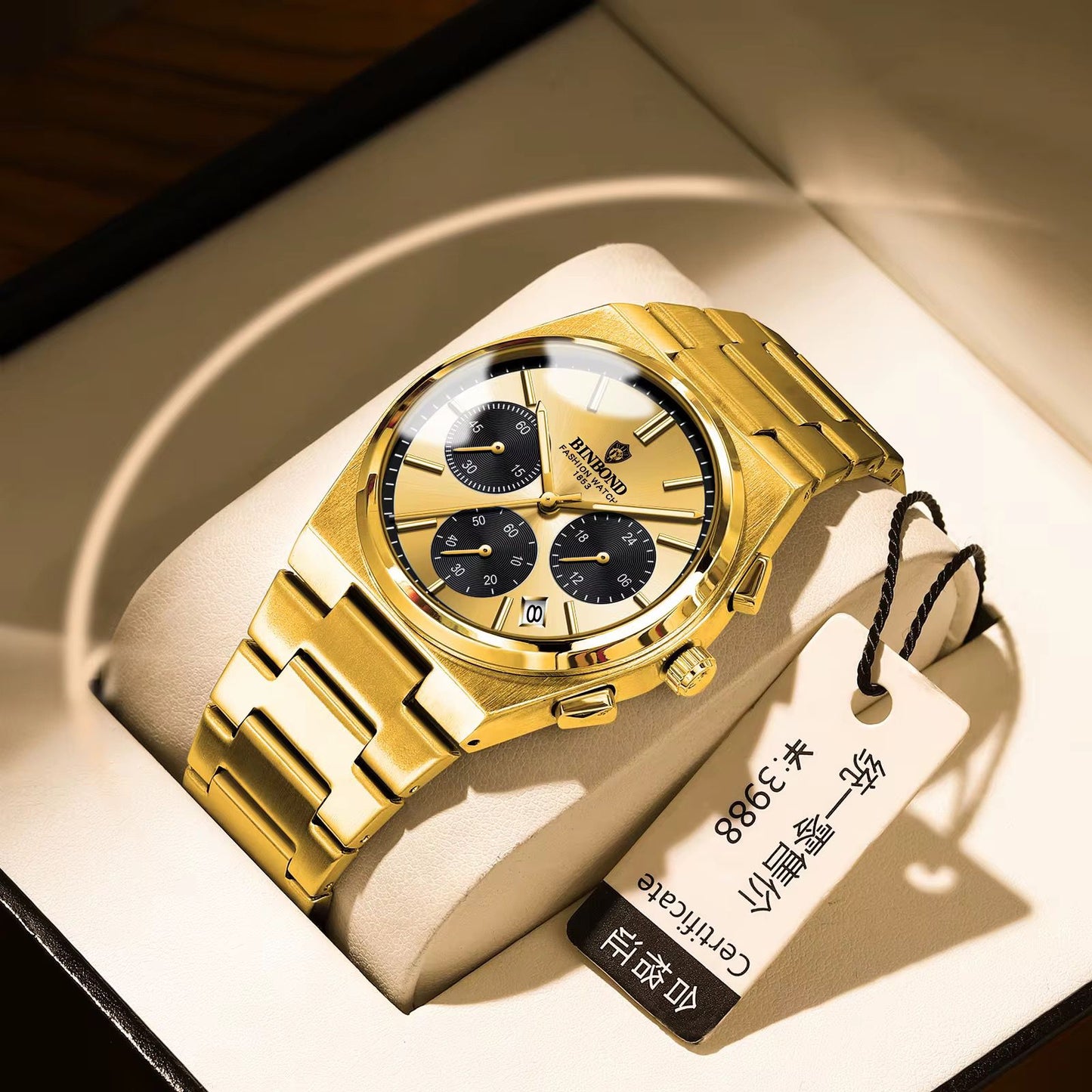 BINBOND B203 Luminous Hands Chronograph Stainless Steel Strap Men's 3ATM Waterproof Wrist Quartz Movement Date Watches