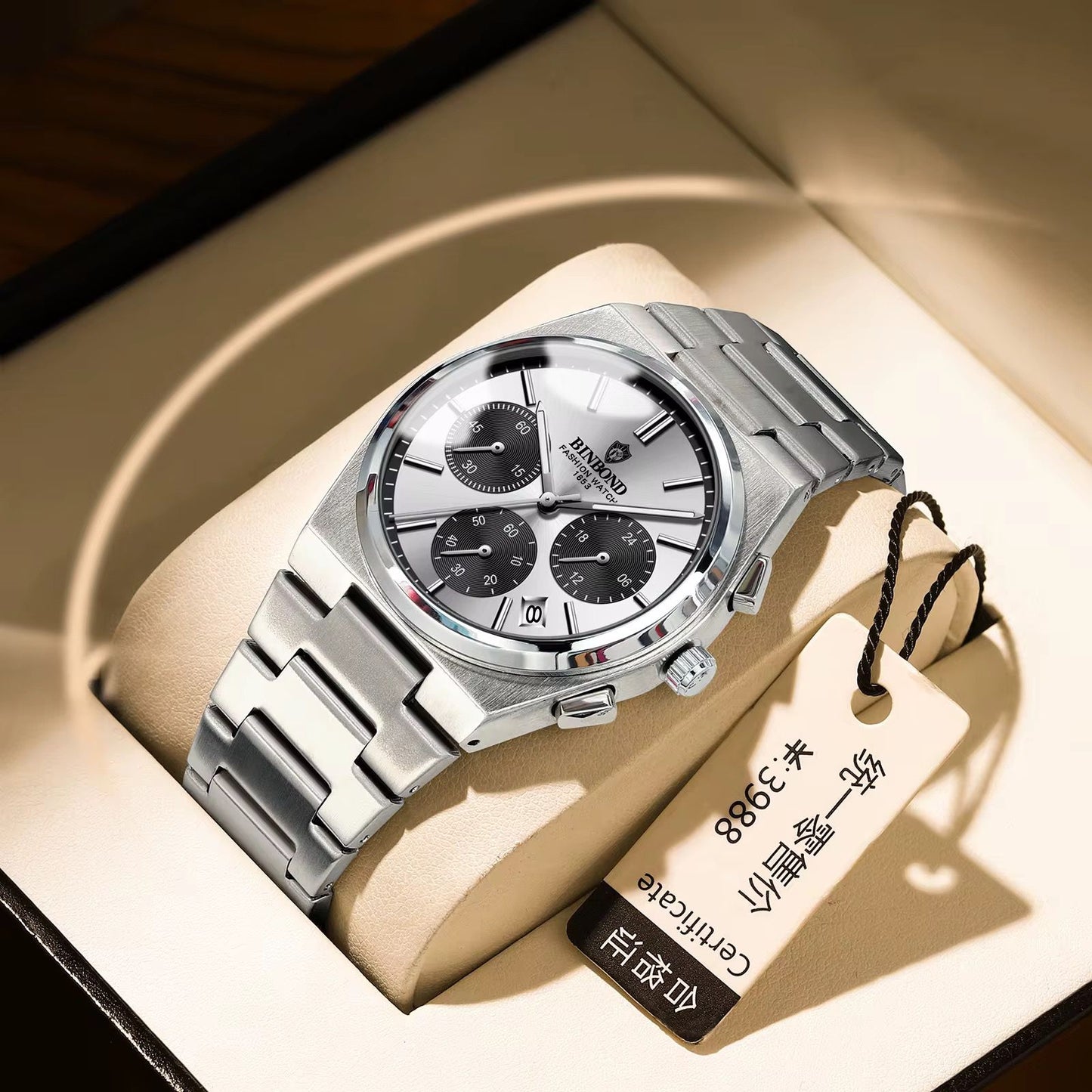 BINBOND B203 Luminous Hands Chronograph Stainless Steel Strap Men's 3ATM Waterproof Wrist Quartz Movement Date Watches