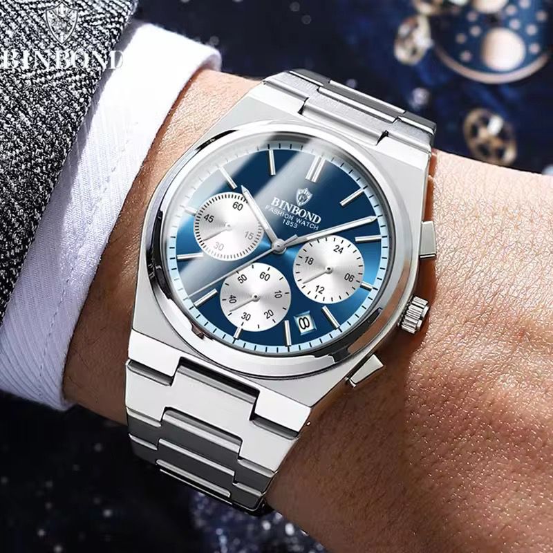 BINBOND B203 Luminous Hands Chronograph Stainless Steel Strap Men's 3ATM Waterproof Wrist Quartz Movement Date Watches