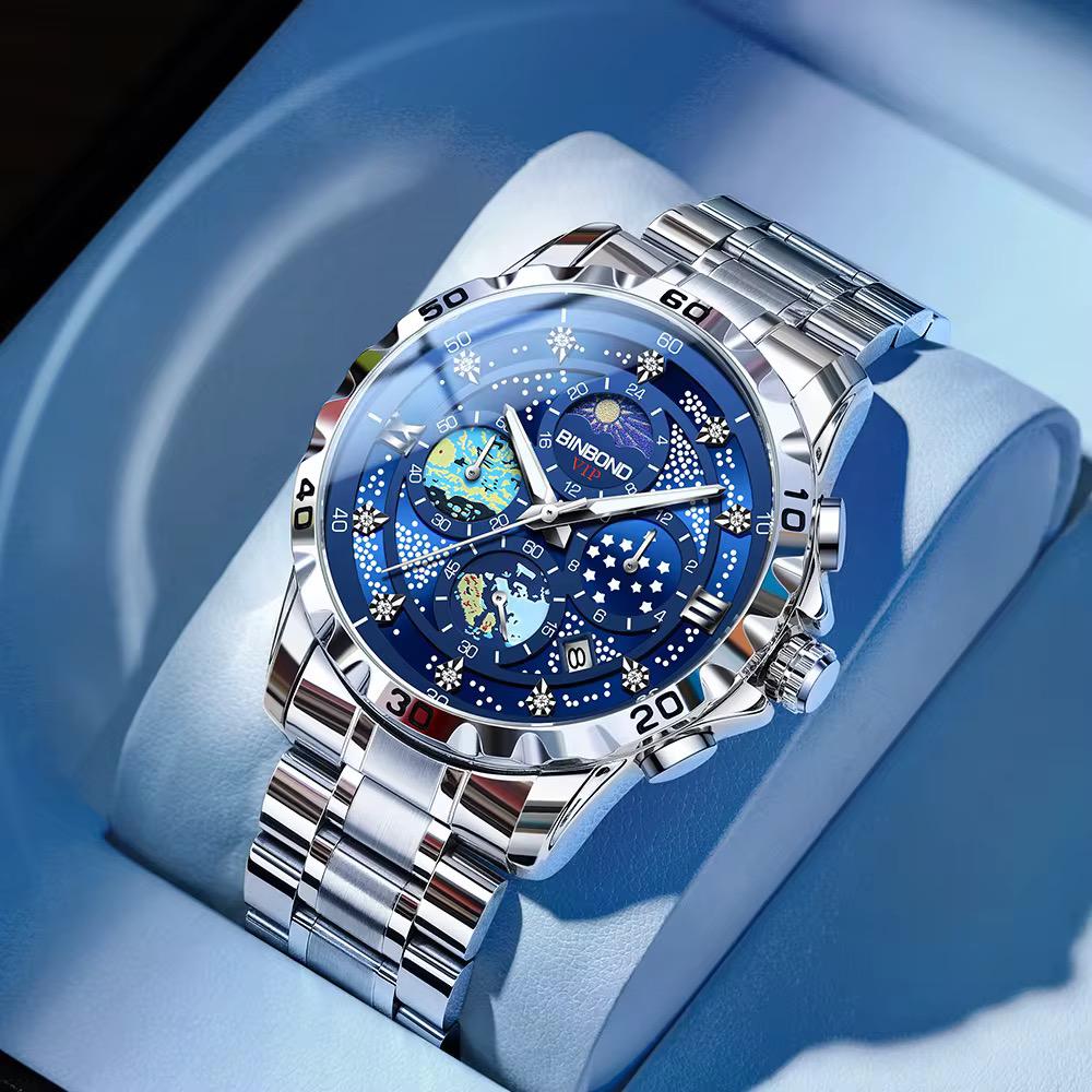 Top Brand New BINBOND 3225 Fashion Starry Sky Quartz Watch for Man Date Waterproof Luminous Stainless Steel Luxury Men's Watches